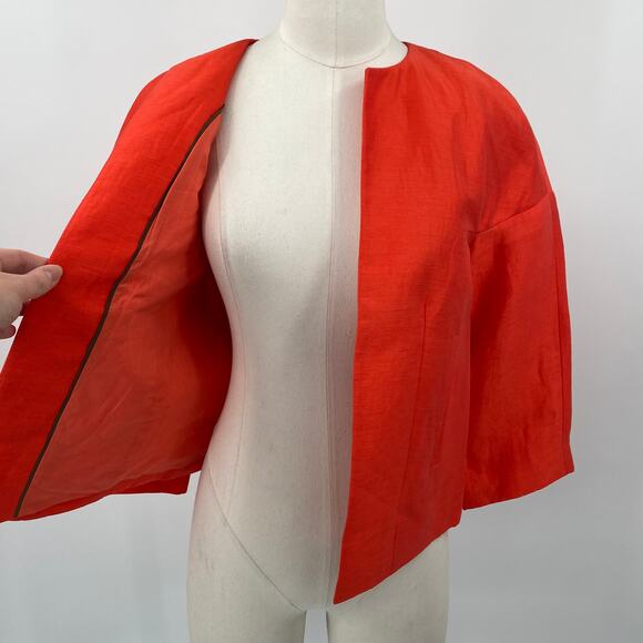 LK Bennett Open Front Blazer Jacket Bolero Cropped Silk Linen Orange Womens 4 - Picture 3 of 7